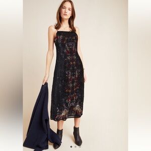 Anthropologie Kachel- Elegant Black Velvet Sheath Midi Dress